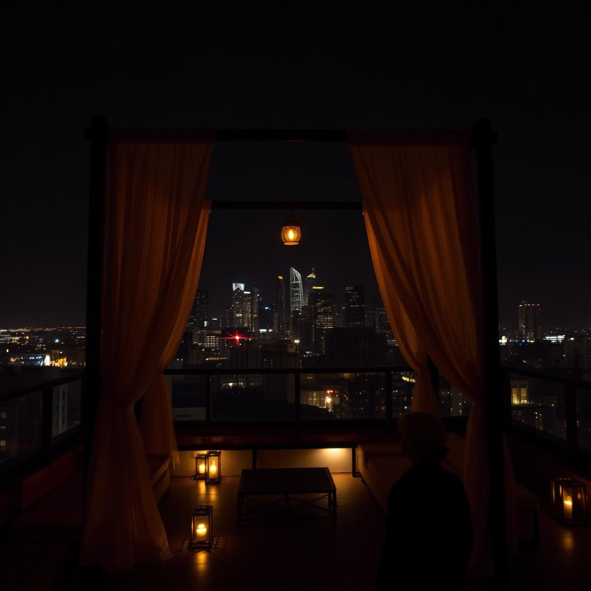 Curtained rooftop cabana overlooking the skyline