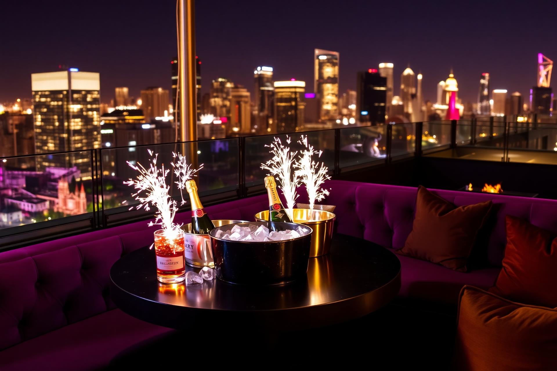 Rooftop bottle service table with sparklers and the skyline behind